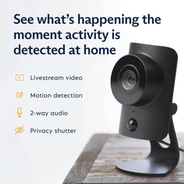Home security camera with livestream, motion, audio features.