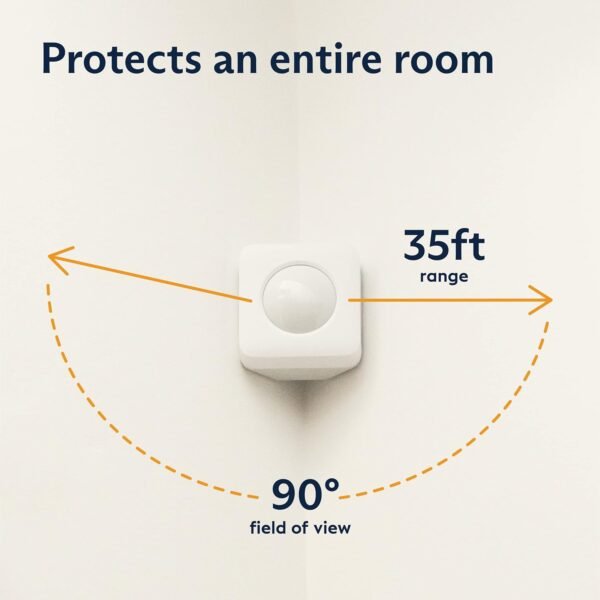 Motion sensor with 35ft range and 90° view.