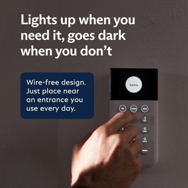 Touching keypad for wire-free home security system.