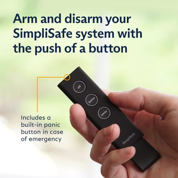SimpliSafe remote with panic button in hand.