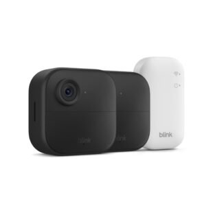 Two black Blink cameras with white module.