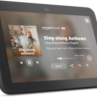 Amazon Echo Show playing music playlist screen.