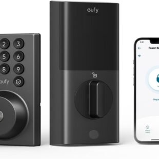Smart lock with keypad and smartphone app interface.