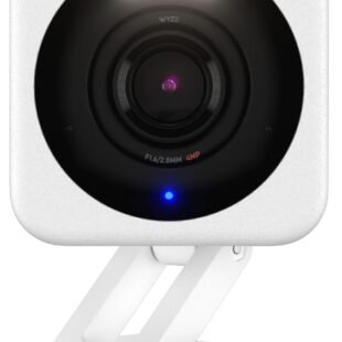 Compact white security camera with LED light.