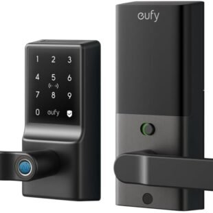 Smart lock with keypad and smartphone app interface.
