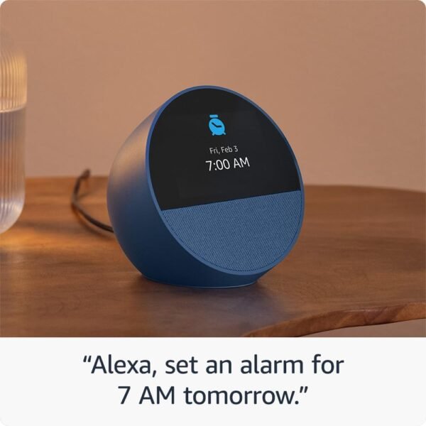 Smart speaker displaying alarm time and date.