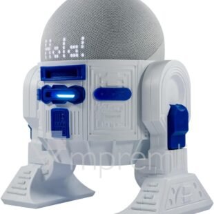 Robot-like speaker with digital display greeting 'Hola!'