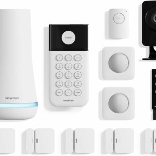 Home security system components and camera displayed.