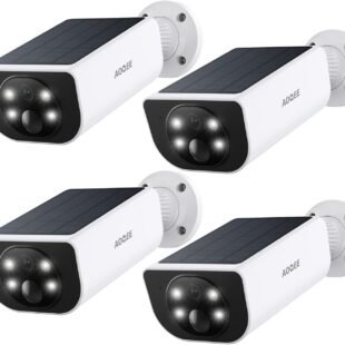 Four solar-powered security cameras on wall mounts.
