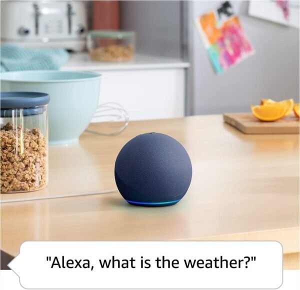 Smart speaker on kitchen table with food nearby.