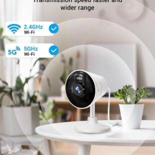 Dual-band Wi-Fi security camera on table.