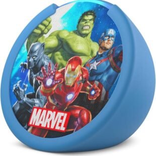 Marvel superheroes on a blue Echo Dot stand.