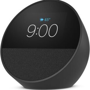 Smart speaker displaying time and weather forecast.