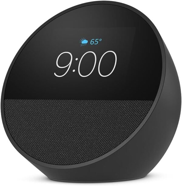Smart speaker displaying time and weather forecast.