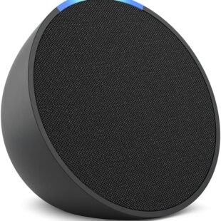 Black smart speaker with blue LED light