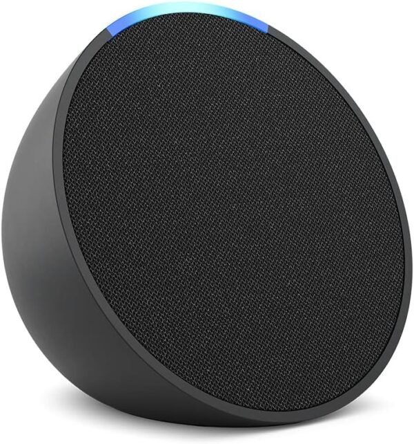 Black smart speaker with blue LED light