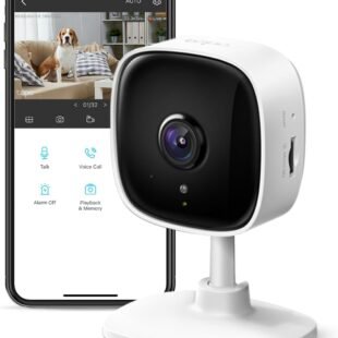 Smart camera with smartphone display featuring pet monitoring.