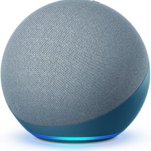 Smart speaker with blue light on the base.