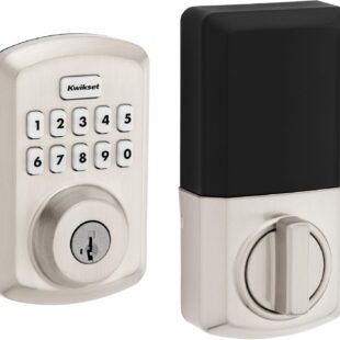 Electronic keypad door lock with key access.