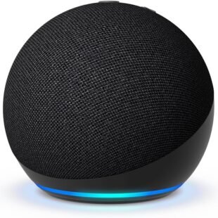 Smart speaker with glowing base and fabric cover.