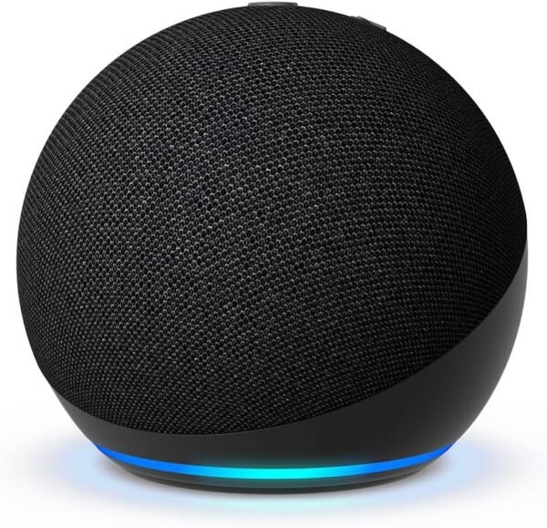 Smart speaker with glowing base and fabric cover.