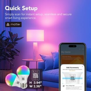 Smart lighting setup with Matter QR code instructions.