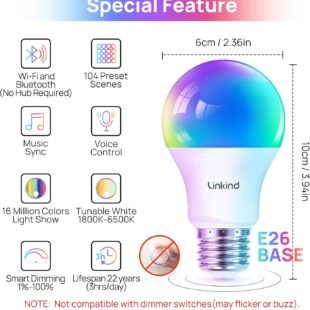 Smart LED bulb with Wi-Fi, Bluetooth features.
