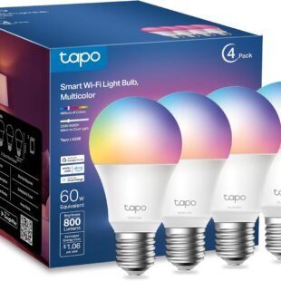 Tapo multicolor smart Wi-Fi light bulbs, four-pack box.