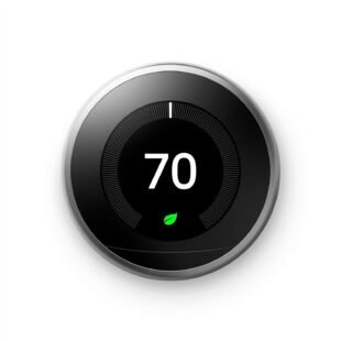 Smart thermostat displaying 70 degrees, eco-friendly symbol