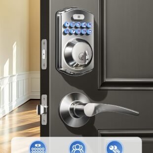 Smart lock keypad on a door for secure access.