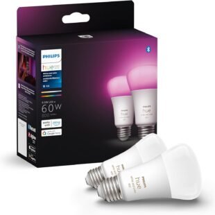 Philips Hue smart bulbs, packaging and bulbs shown.
