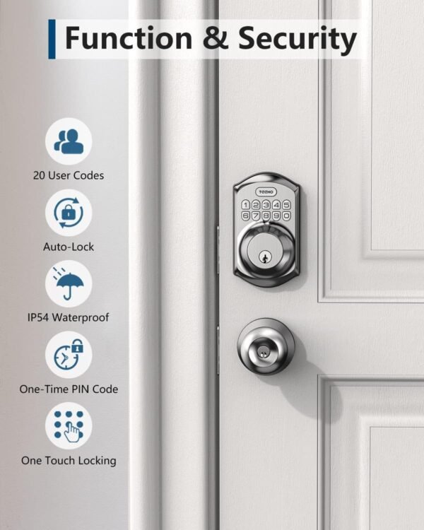 Smart lock with keypad on a white door.