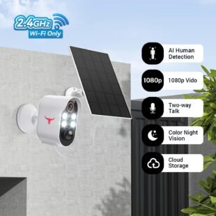 Solar-powered security camera with Wi-Fi and night vision.
