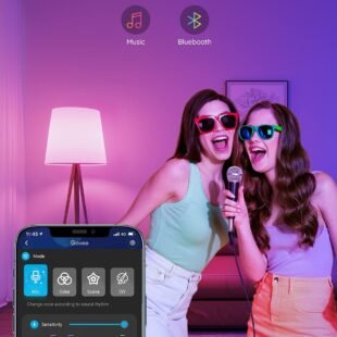 Two women singing with smart light control app.