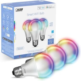 Smart WiFi LED bulb, color-changing, voice-controlled.
