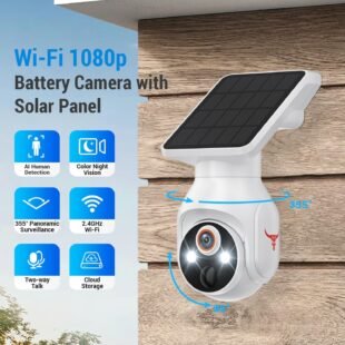 Solar-powered Wi-Fi security camera with AI detection and night vision.