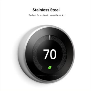 Stainless steel smart thermostat showing 70 degrees.