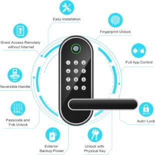 Smart lock with fingerprint and app control features.