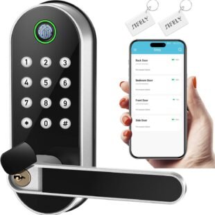 Smart lock with keypad, phone app, and key fobs.