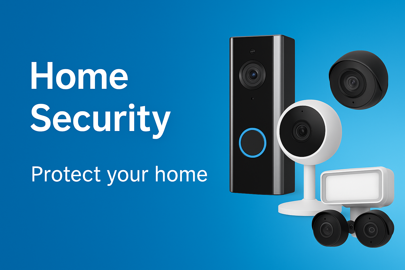 Various home security cameras on blue background.