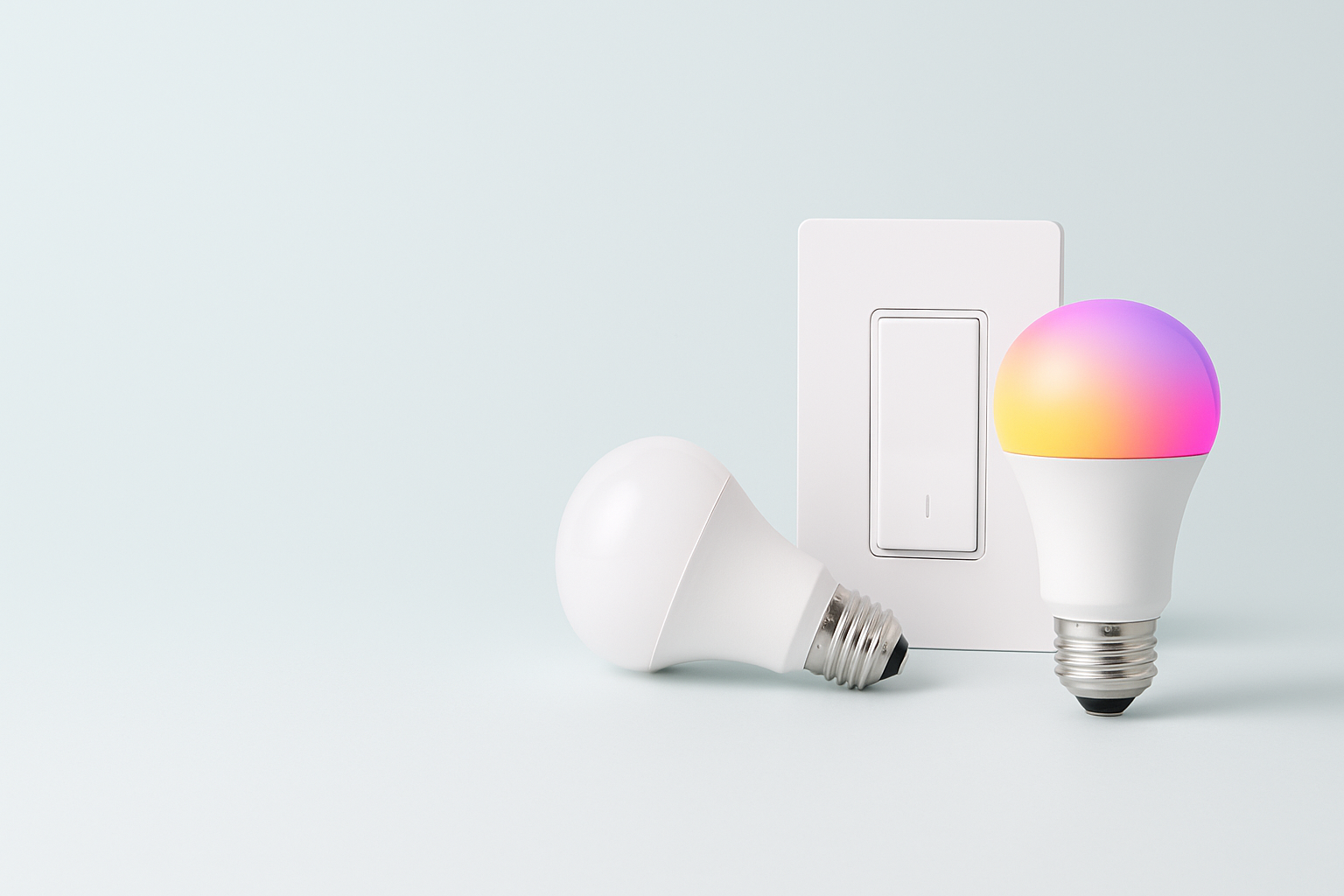 Colorful smart bulb with light switch and regular bulb.