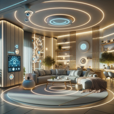 Futuristic living room with neon lights.