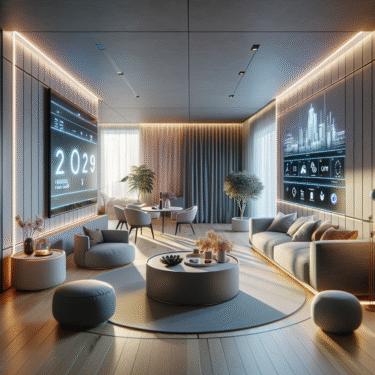 Futuristic living room with digital screens and modern decor.