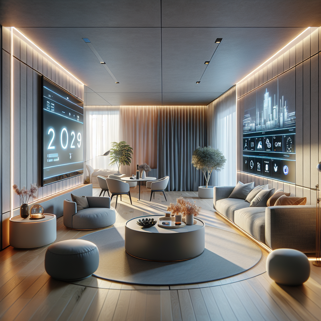 Futuristic living room with digital screens and modern decor.