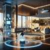 Modern smart home interior with digital interfaces.