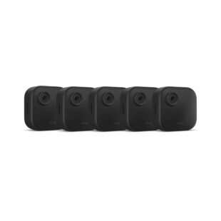 Five black Blink security cameras lined up.