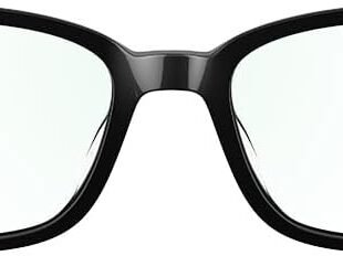 Black-rimmed eyeglasses with clear lenses.