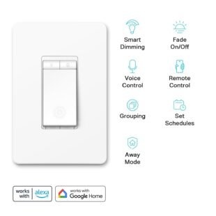 Smart light switch with dimming and voice control features.