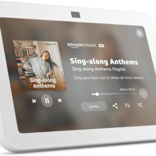 Amazon Echo Show displaying music playlist screen.