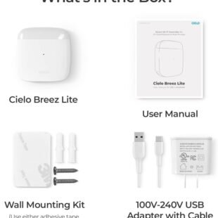 Cielo Breez Lite contents: device, manual, mount, adapter.